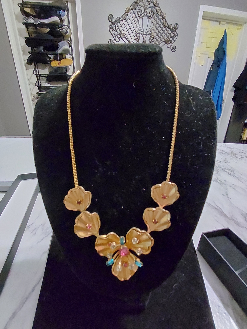 Gold Floral Necklace with Multicolor Gem Accents